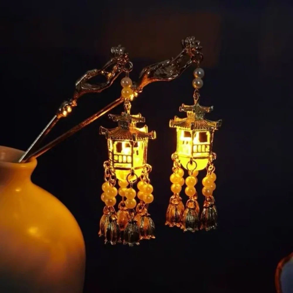 Pagoda Lantern Hair Stick Women OS Gold Excellent Dangle Pearl‎ Tassel Hanfu